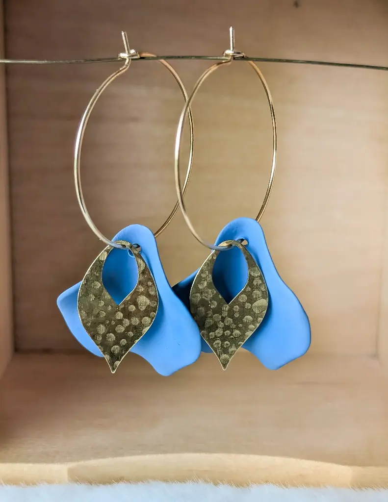 Boucles "Douceur" dorées feuilles Bleu Printemps