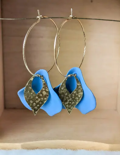 [25-77] Boucles "Douceur" dorées feuilles Bleu Printemps
