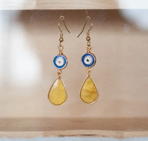 [25-96] Boucles "Douceur" dorées moutardes et bleues